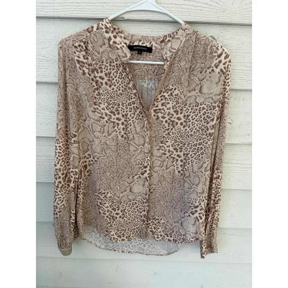 Olivaceous Sheer Animal Print Blouse Size Small Boho Snake Leopard Top - Picture 2 of 8